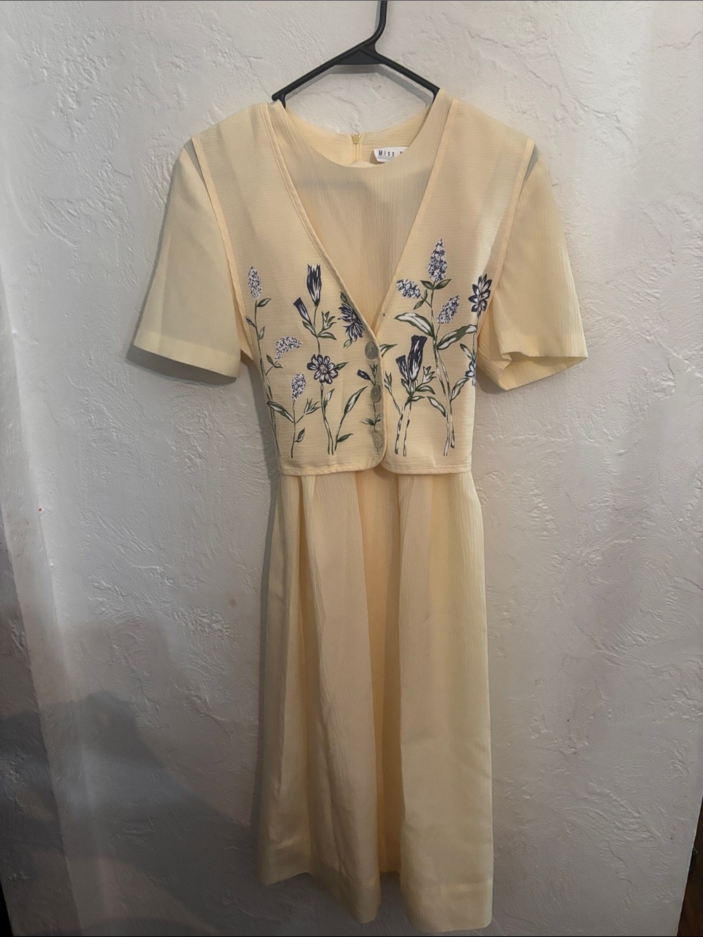 Light Cream Midi Dress with Blue Floral Embroidery